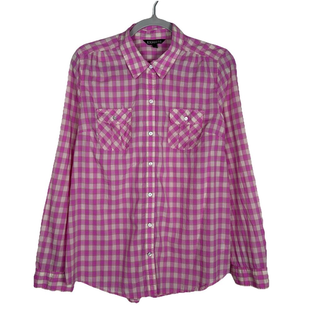 Express Womens sz L pink gingham button shirt Garden Girl Coastal Cowgirl preppy